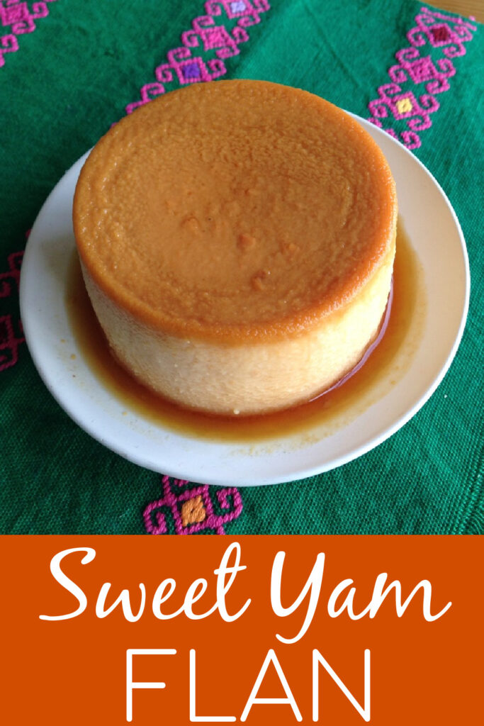 Sweet yam flan on top of white plate 