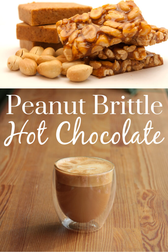 peanut brittle and peanuts above a cup of hot chocolate on wooden table